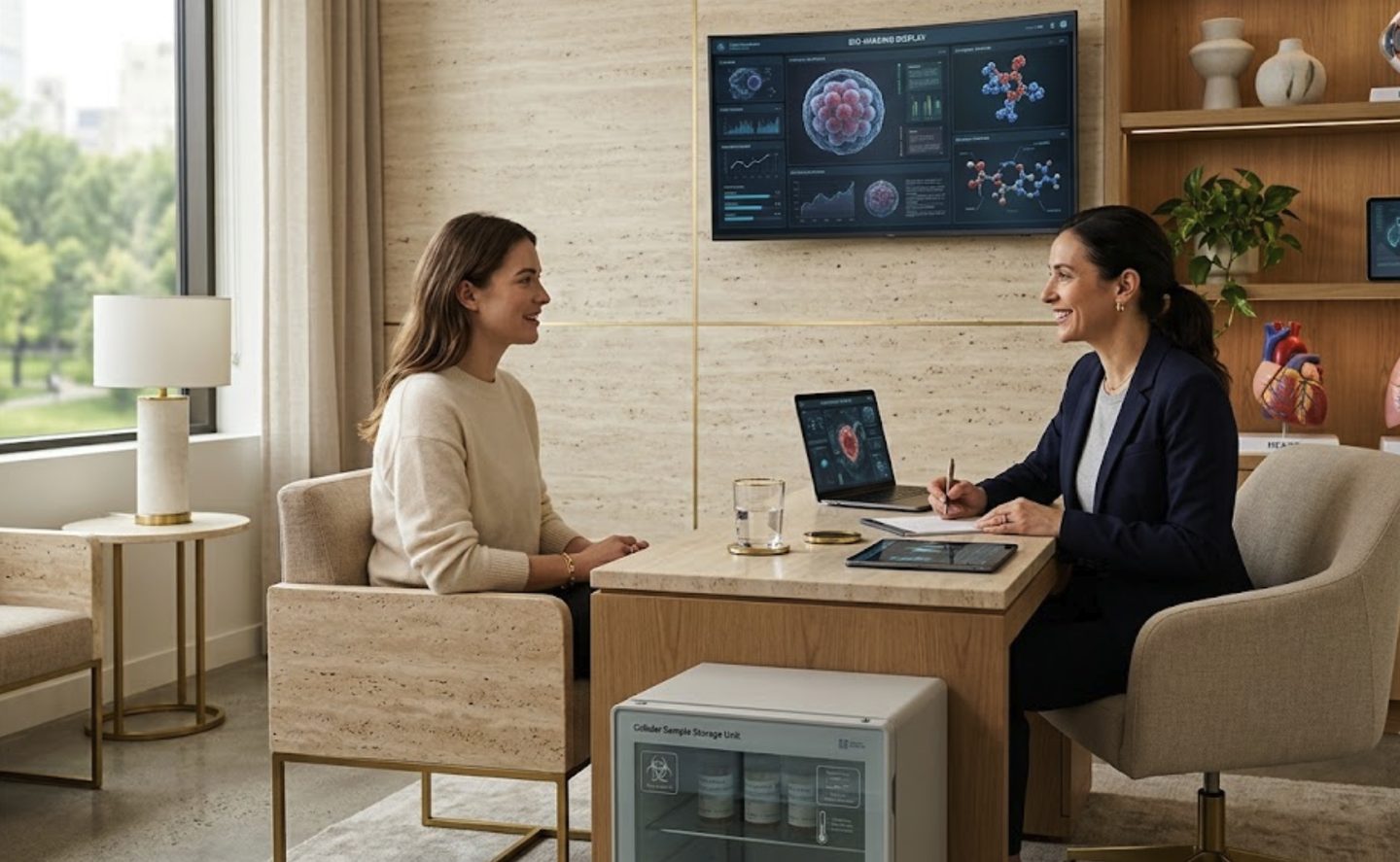 Physician-patient consultation in a modern Aethera clinic with bio-imaging display