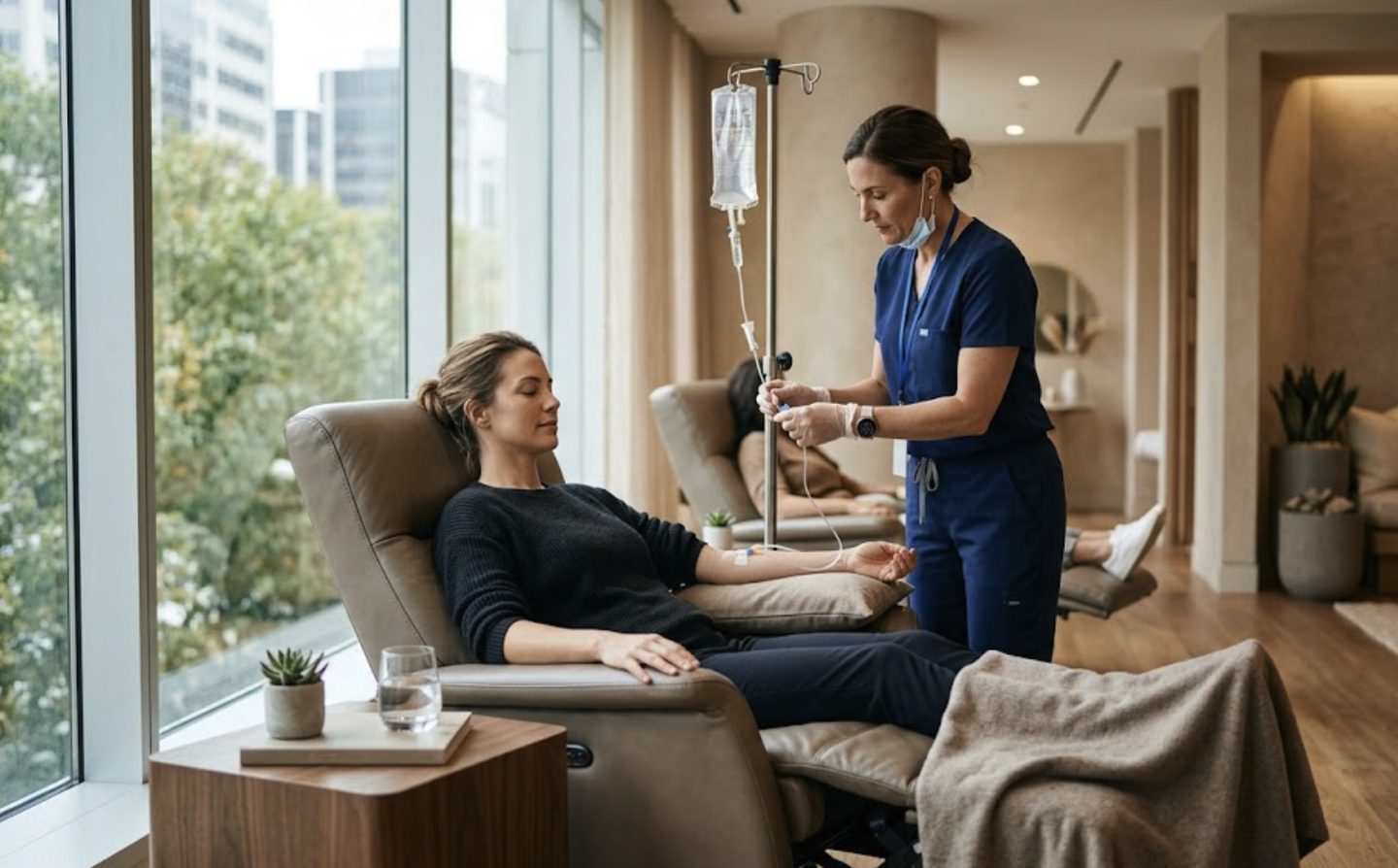 Patient receiving physician-supervised IV therapy in a calm Aethera clinic lounge