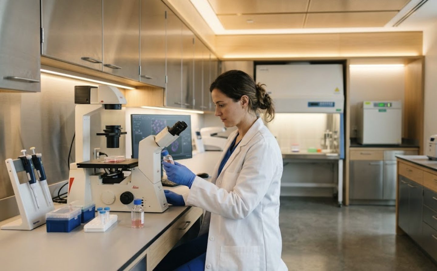Scientist examining a cell-culture sample at a microscope in a regenerative-medicine laboratory
