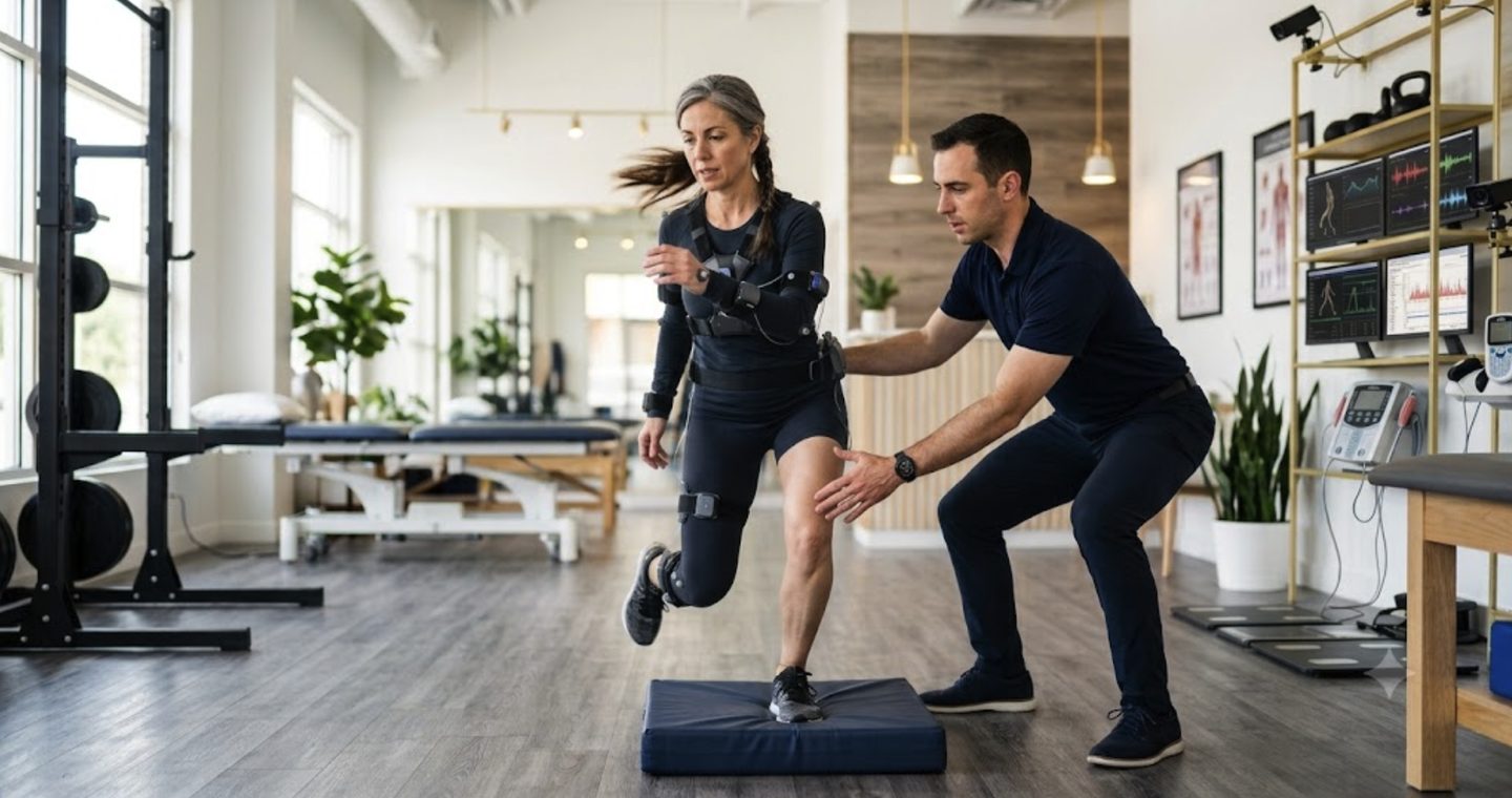 Athlete in performance physical therapy with sensor-based biomechanics monitoring