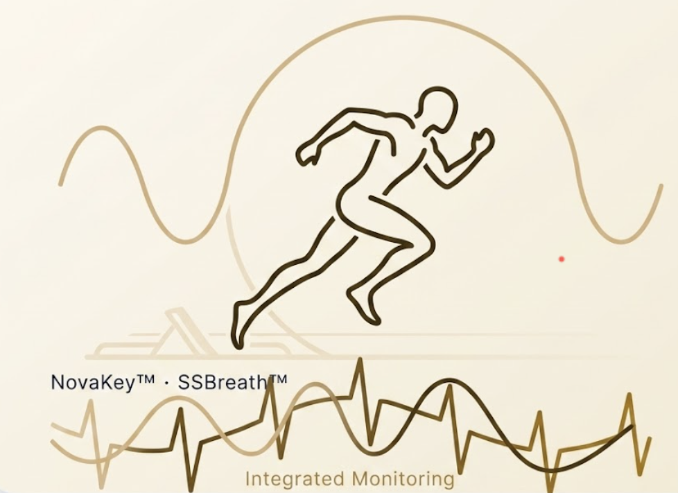 Performance and physical therapy — athlete in motion with integrated NovaKey and SSBreath monitoring illustration