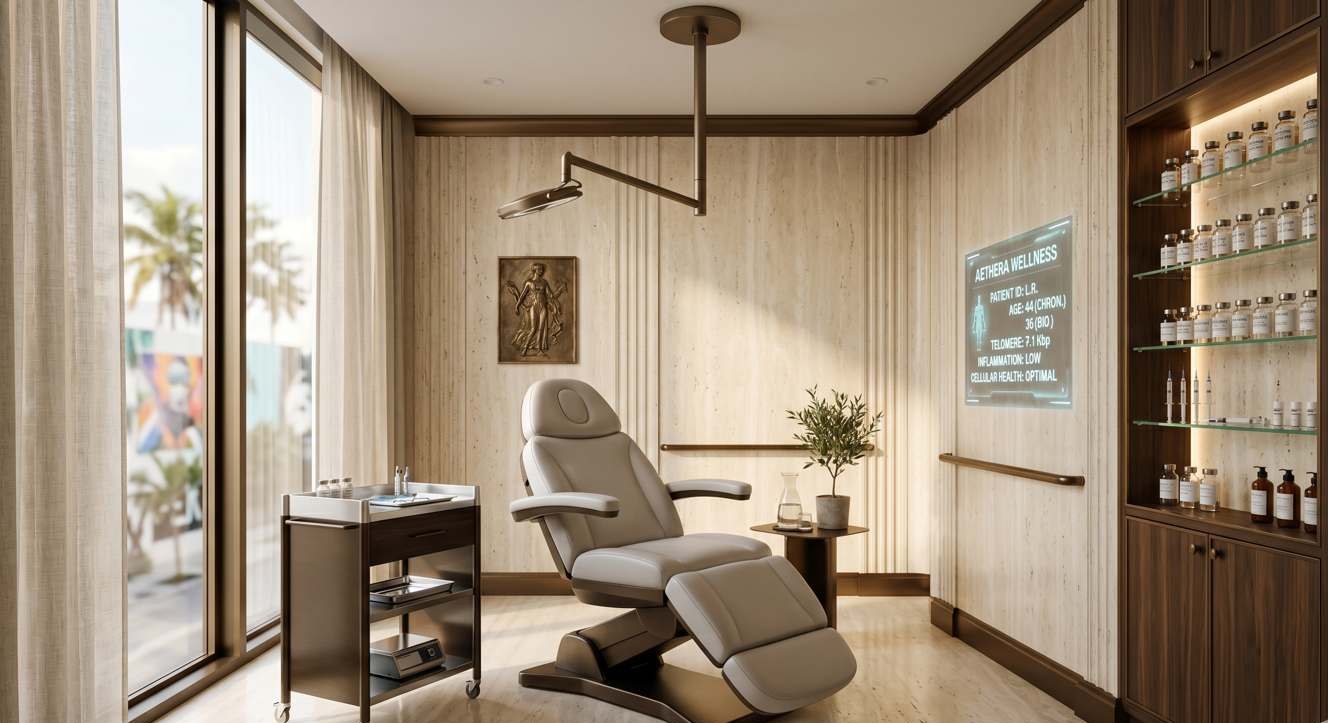 Aethera treatment room — travertine finishes, cellular-medicine treatment chair, biological-age readout